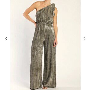Lulus Disco Desires Silver & Gold Plisse One-shoulder Jumpsuit - Size XS NWT